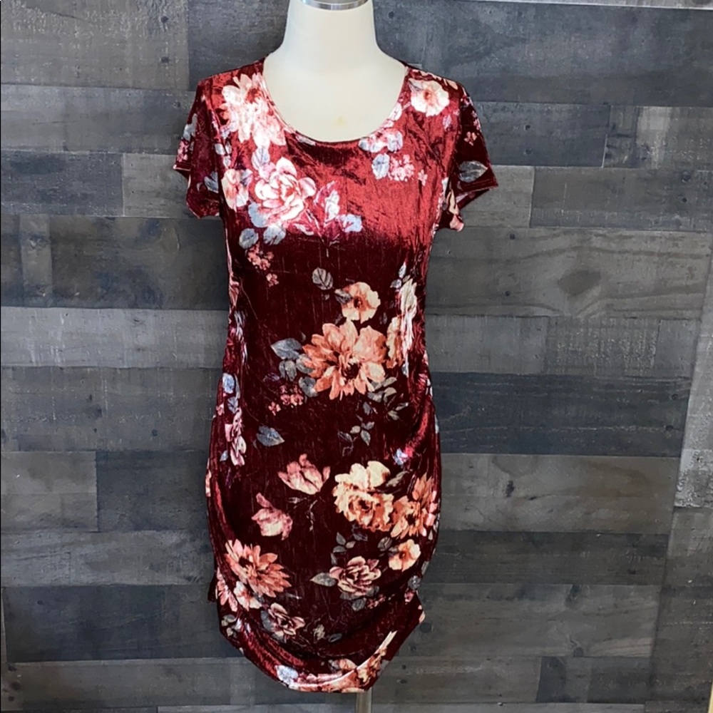 Nice Velvet Burgundy with Pink Flowers Coming Soon Maternity Dress